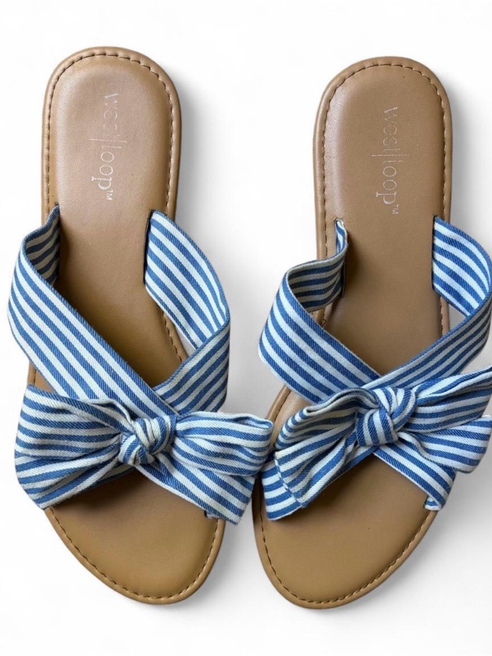 West Loop Blue + White Striped Bow Slide Sandals - Women’s size 7/8 (medium)